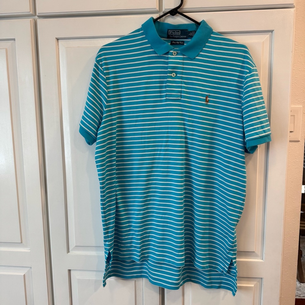 Polo by Ralph Lauren Teal and White Striped‎ Polo Shirt- Pima Soft Touch- Large